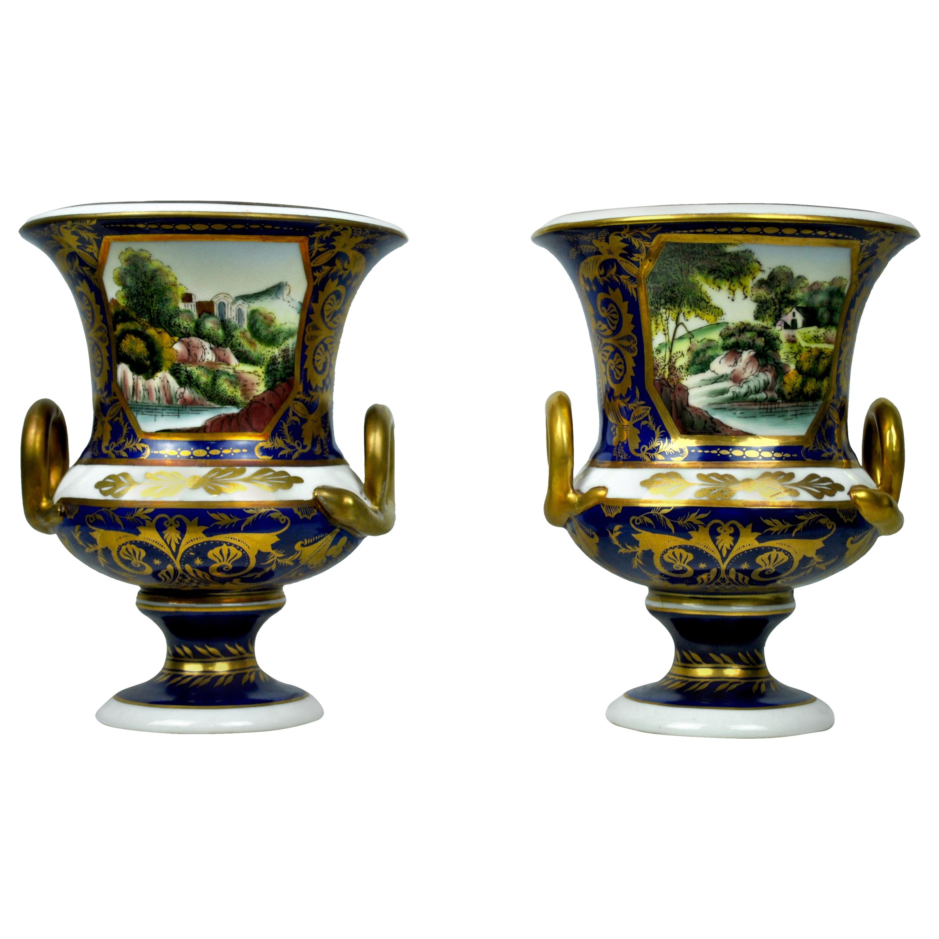 20th Century Pair of Deep Blue and Gold Hand Painted Guilt Sieve Vases For Sale
