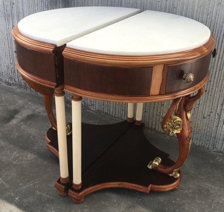 20th Century Pair of Demilune Swan Nightstands with White Marble Top at