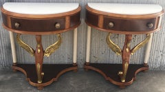 20th Century Pair of Demilune Swan Nightstands with White Marble Top