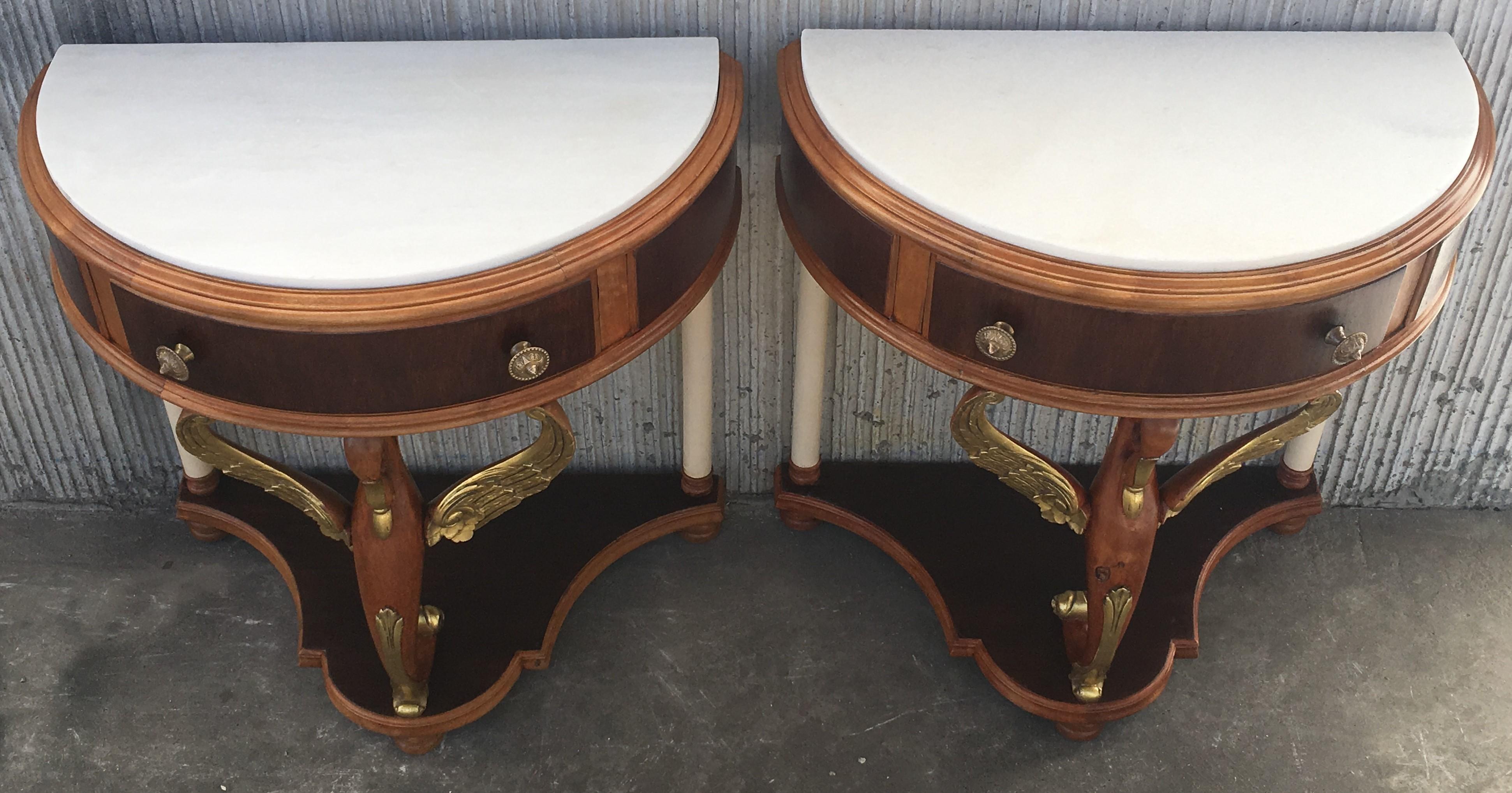 Mid-Century Modern 20th Century Pair of Demilune Swan Nightstands with White Marble Top