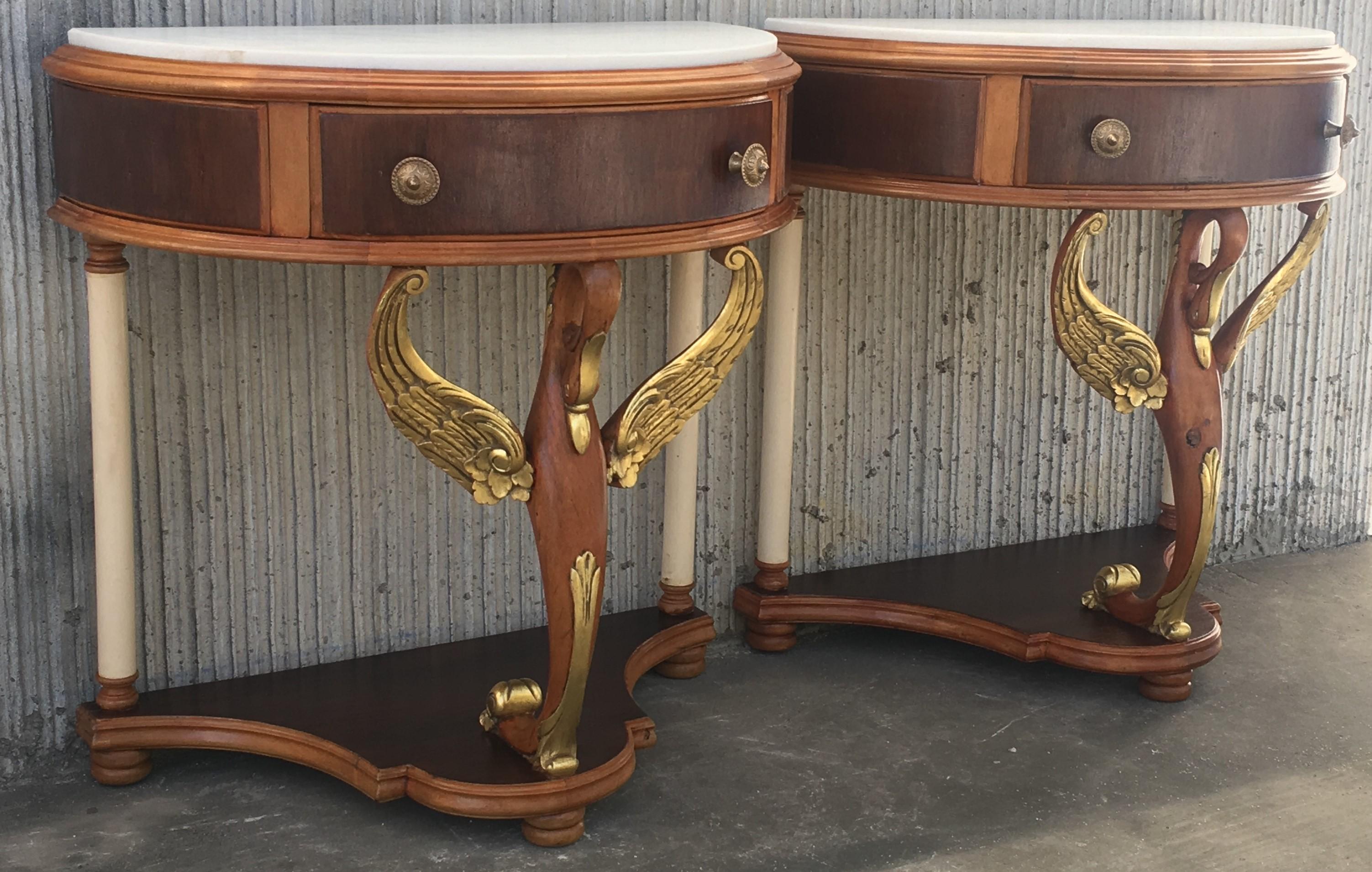 20th Century Pair of Demilune Swan Nightstands with White Marble Top In Good Condition In Miami, FL