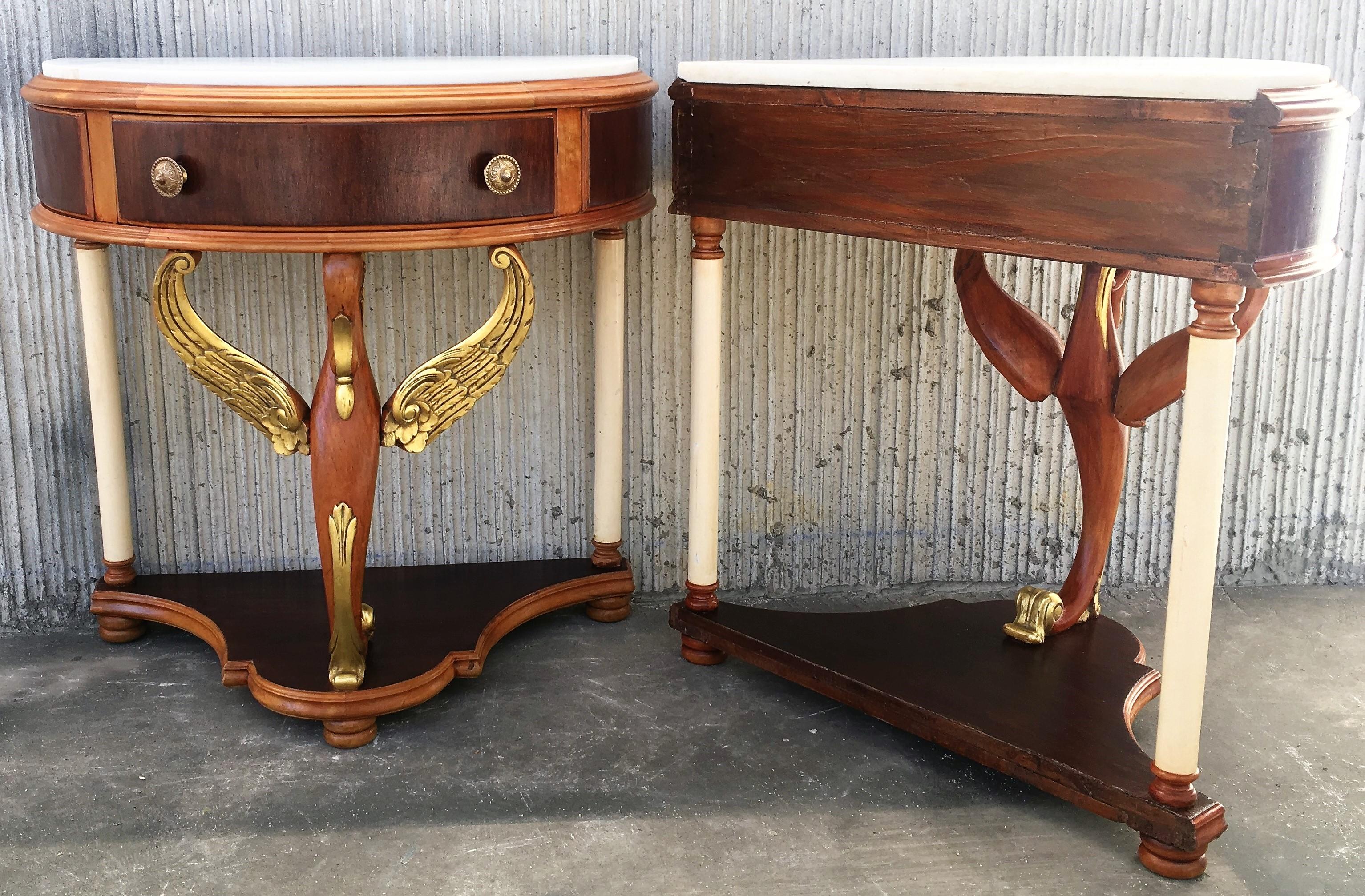 20th Century Pair of Demilune Swan Nightstands with White Marble Top 1
