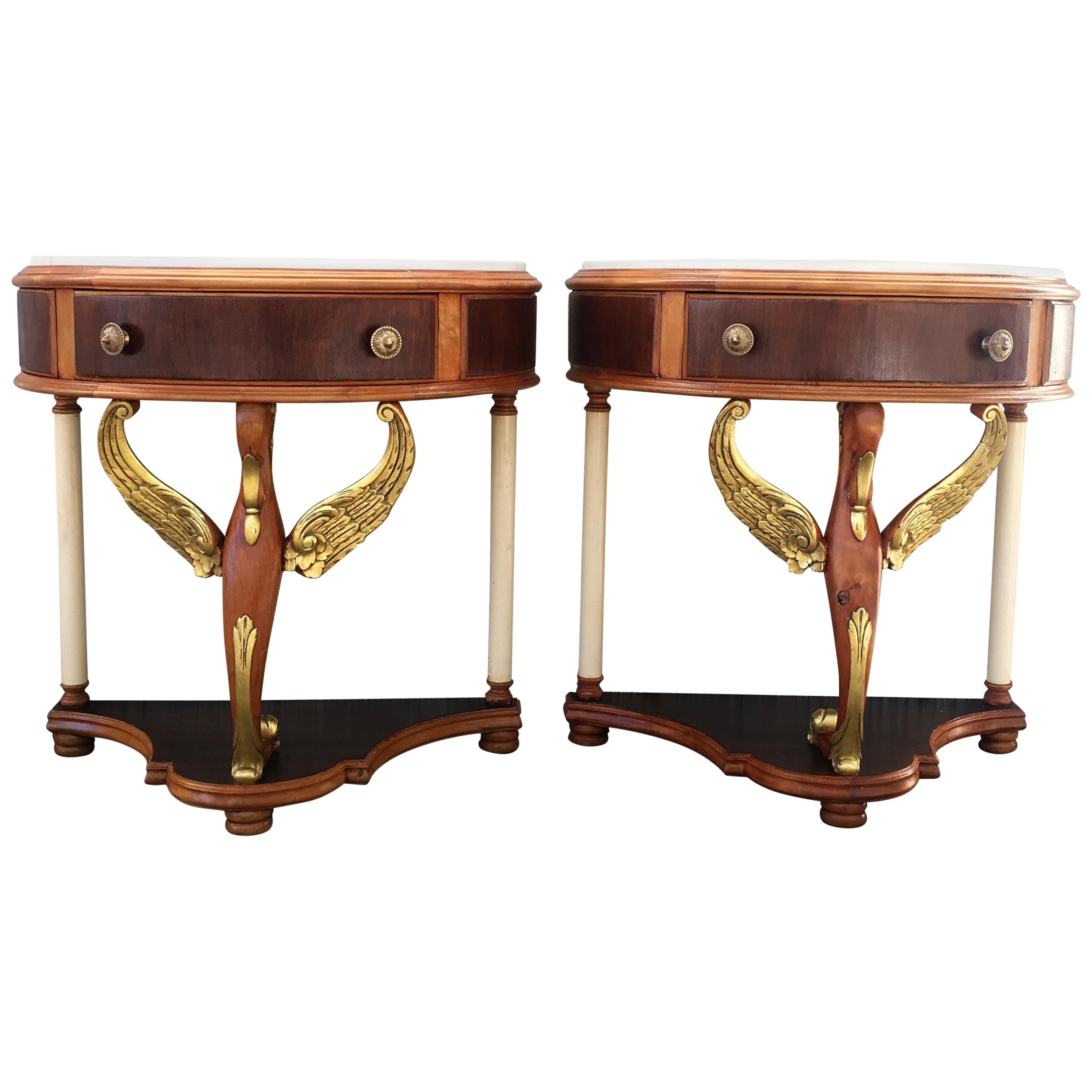 20th Century Pair of Demilune Swan Nightstands with White Marble Top