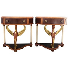 20th Century Pair of Demilune Swan Nightstands with White Marble Top