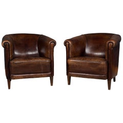 20th Century Pair of Dutch Dark Sheepskin Leather Tub Armchairs