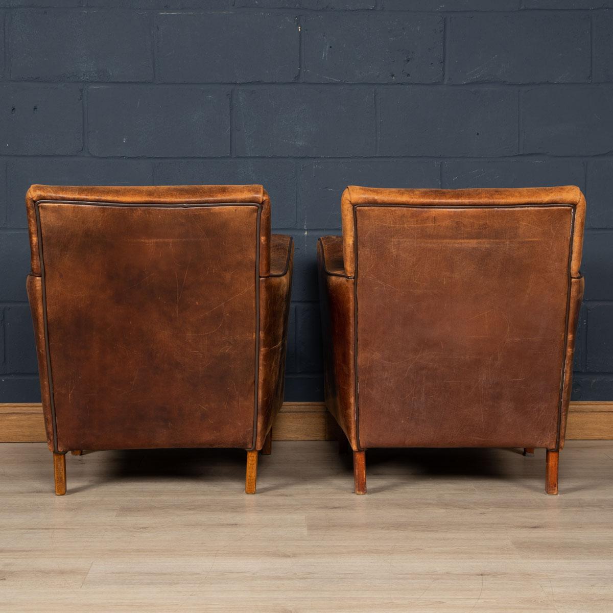 20th Century, Pair of Dutch Leather Club Chairs 1
