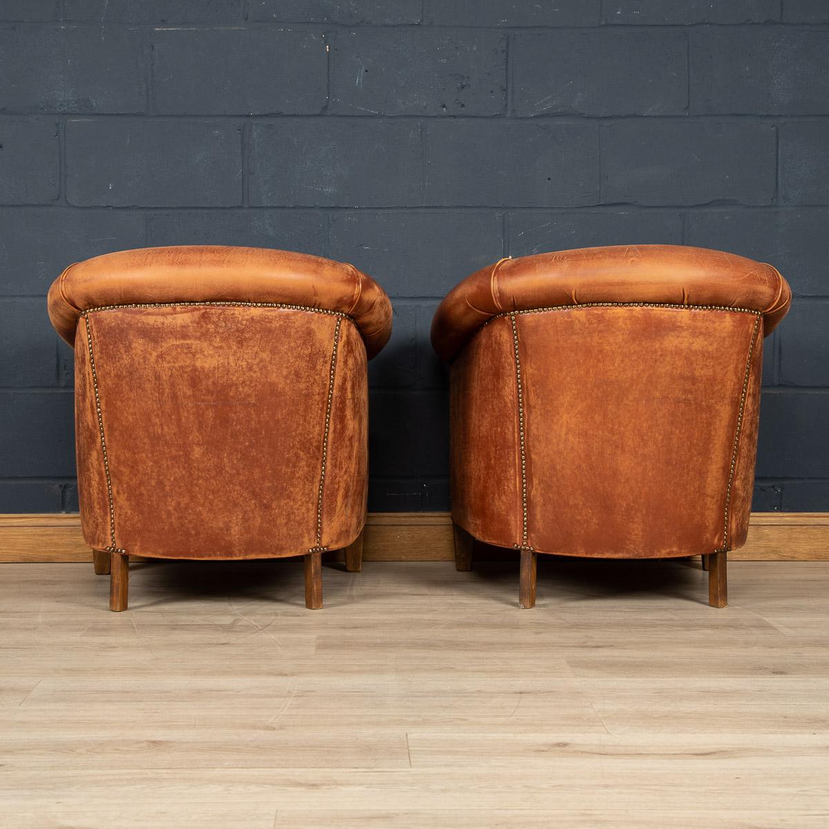 Sheepskin 20th Century Pair of Dutch Leather Club Chairs