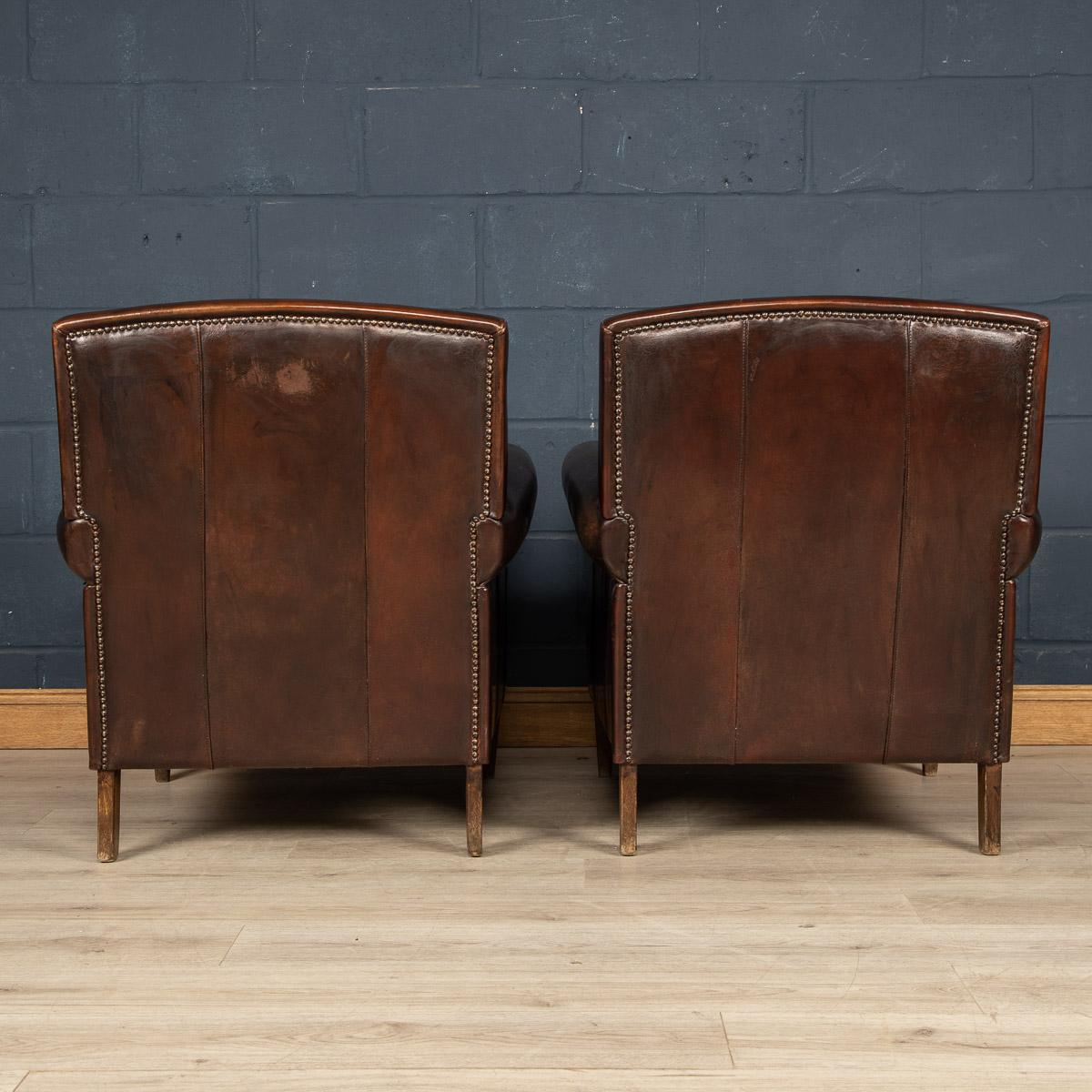 Pine 20th Century Pair Of Dutch Leather Club Chairs