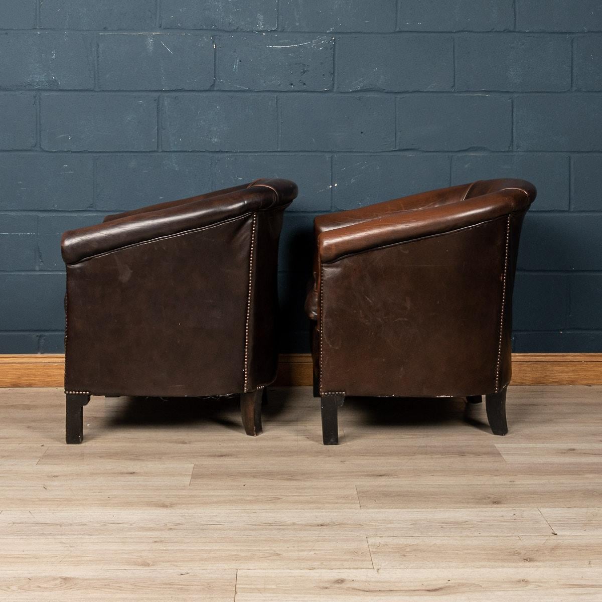 Brass 20th Century Pair of Dutch Leather Club Chairs