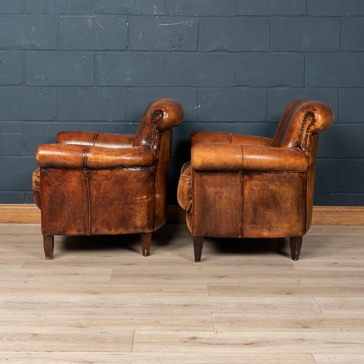 Brass 20th Century Pair of Dutch Leather Club Chairs