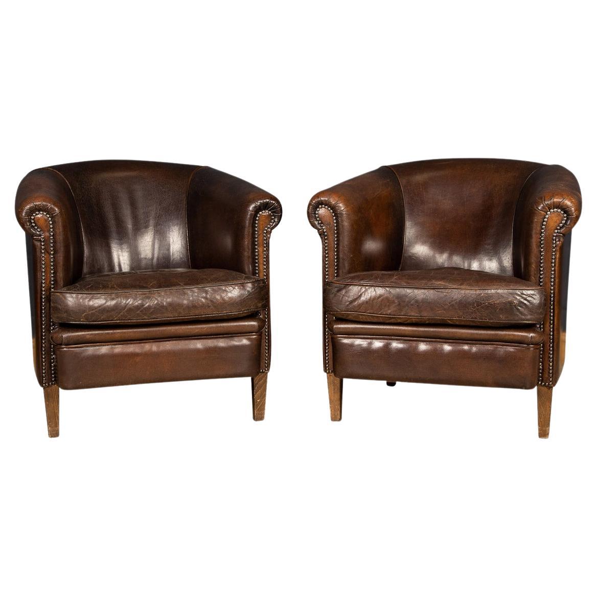 Antique Pair of Vintage Leather Club Chairs from France at 1stDibs