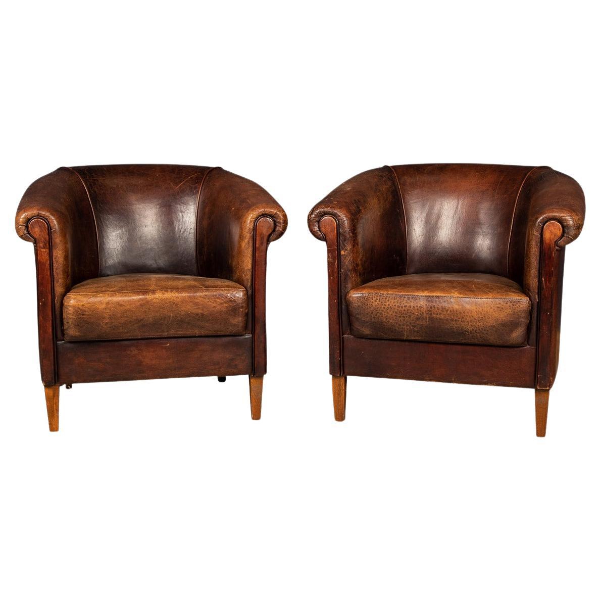 Antique Pair of Vintage Leather Club Chairs from France at 1stDibs