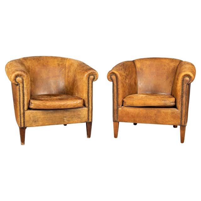 20th Century Pair Of Art Deco Style French Leather Club Chairs For Sale