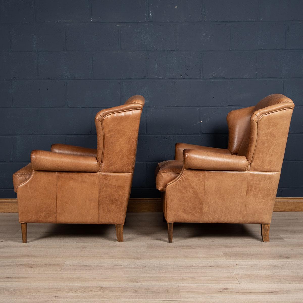 20th Century Pair Of Dutch Leather Wing Back Armchairs c.1970 In Good Condition In Royal Tunbridge Wells, Kent