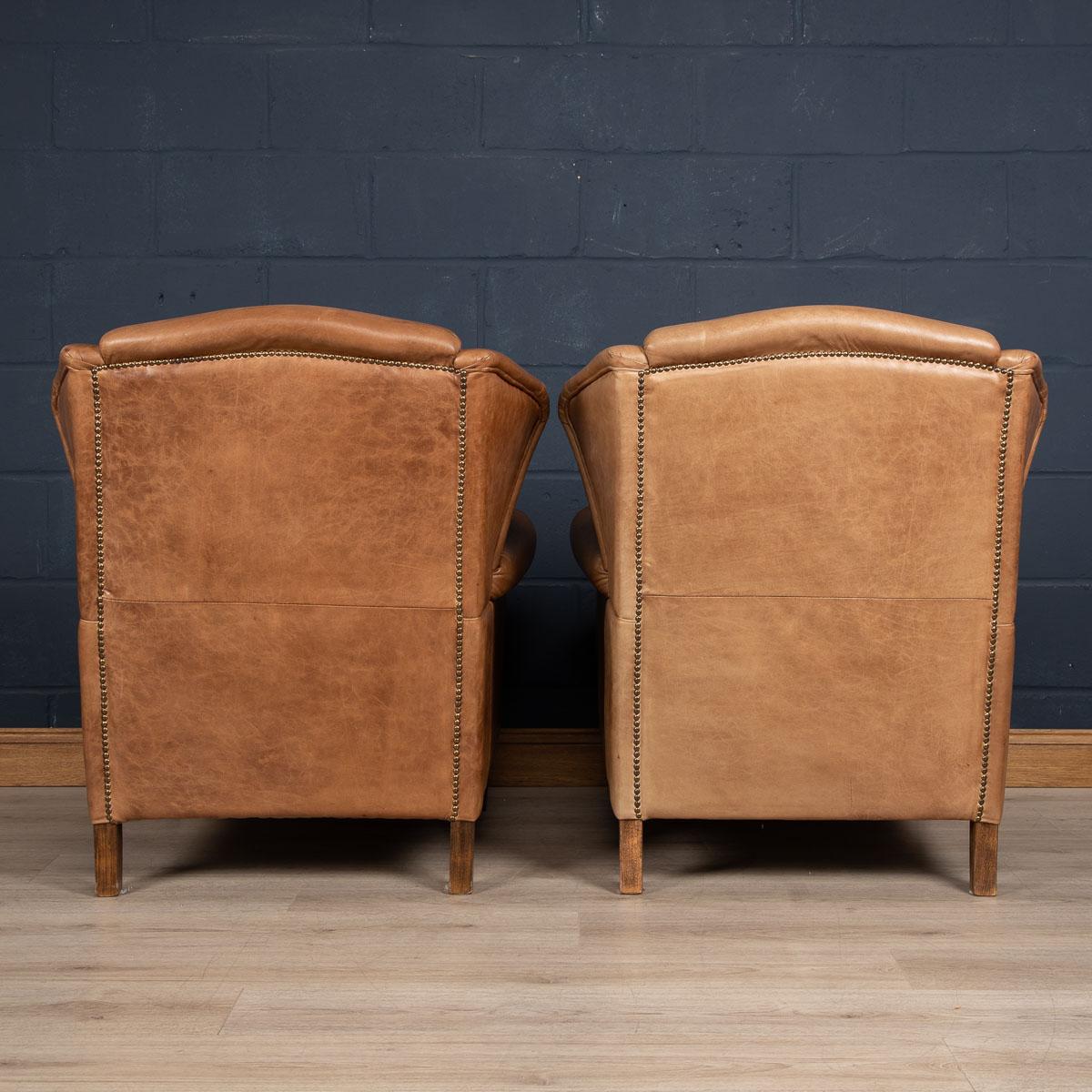 20th Century Pair Of Dutch Leather Wing Back Armchairs c.1970 1