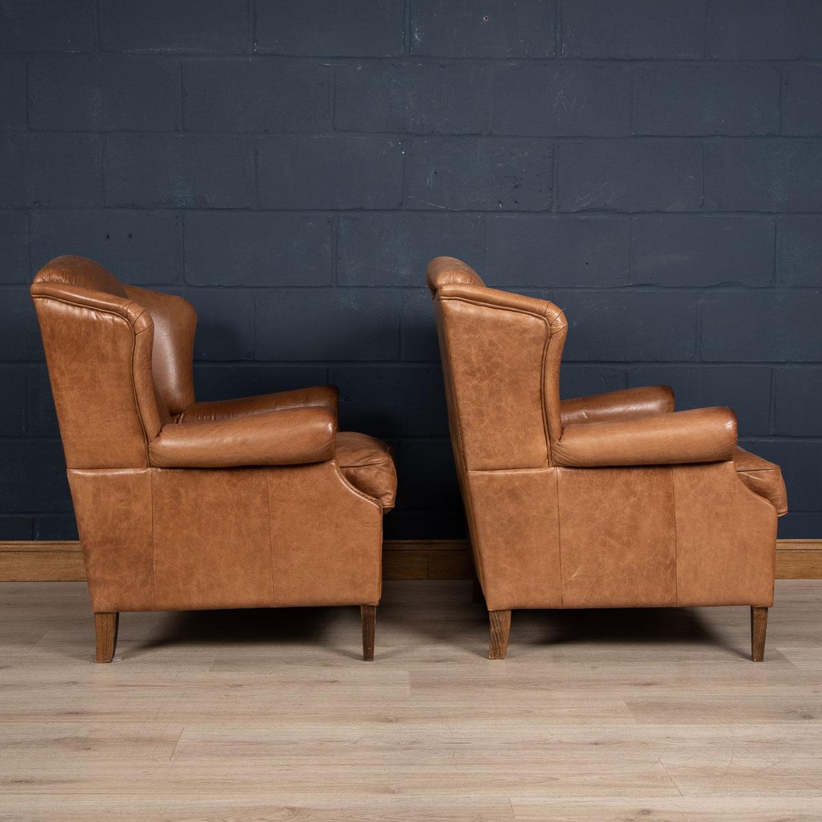 20th Century Pair Of Dutch Leather Wing Back Armchairs c.1970 2