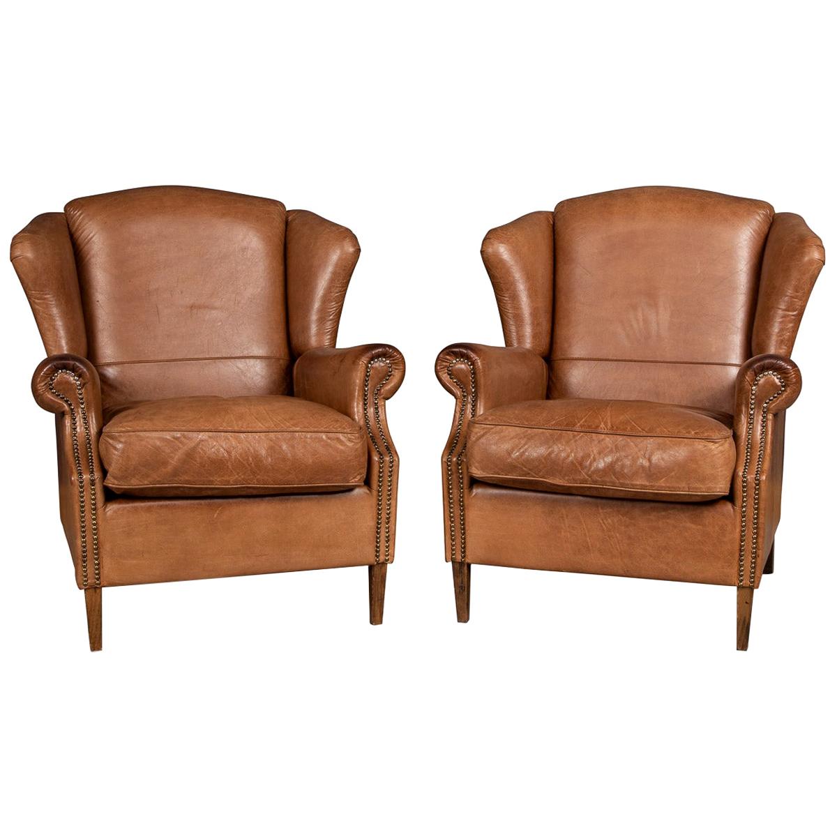 20th Century Pair Of Dutch Leather Wing Back Armchairs c.1970