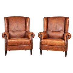 20th Century Pair of Dutch Leather Wing Back Armchairs, c.1970