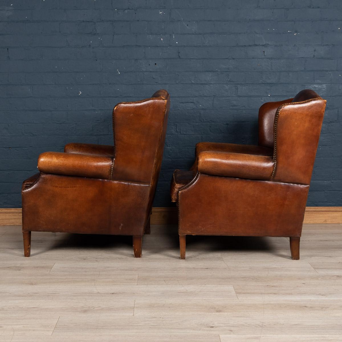 20th Century Pair of Dutch Leather Wing Back Armchairs, circa 1970 In Good Condition In Royal Tunbridge Wells, Kent