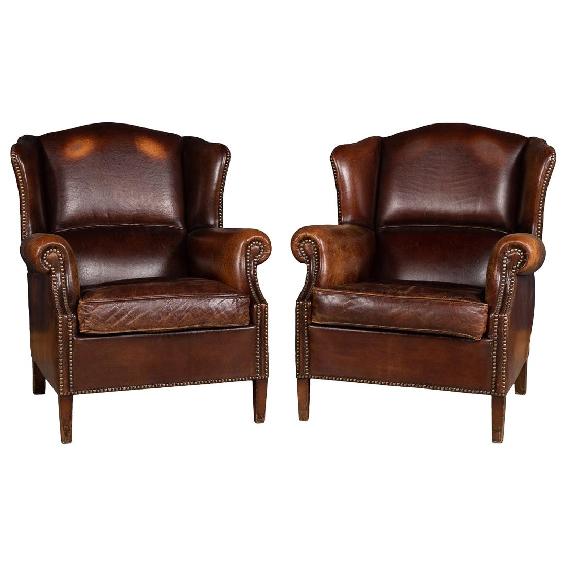 20th Century Pair of Dutch Leather Wing Back Armchairs, circa 1970