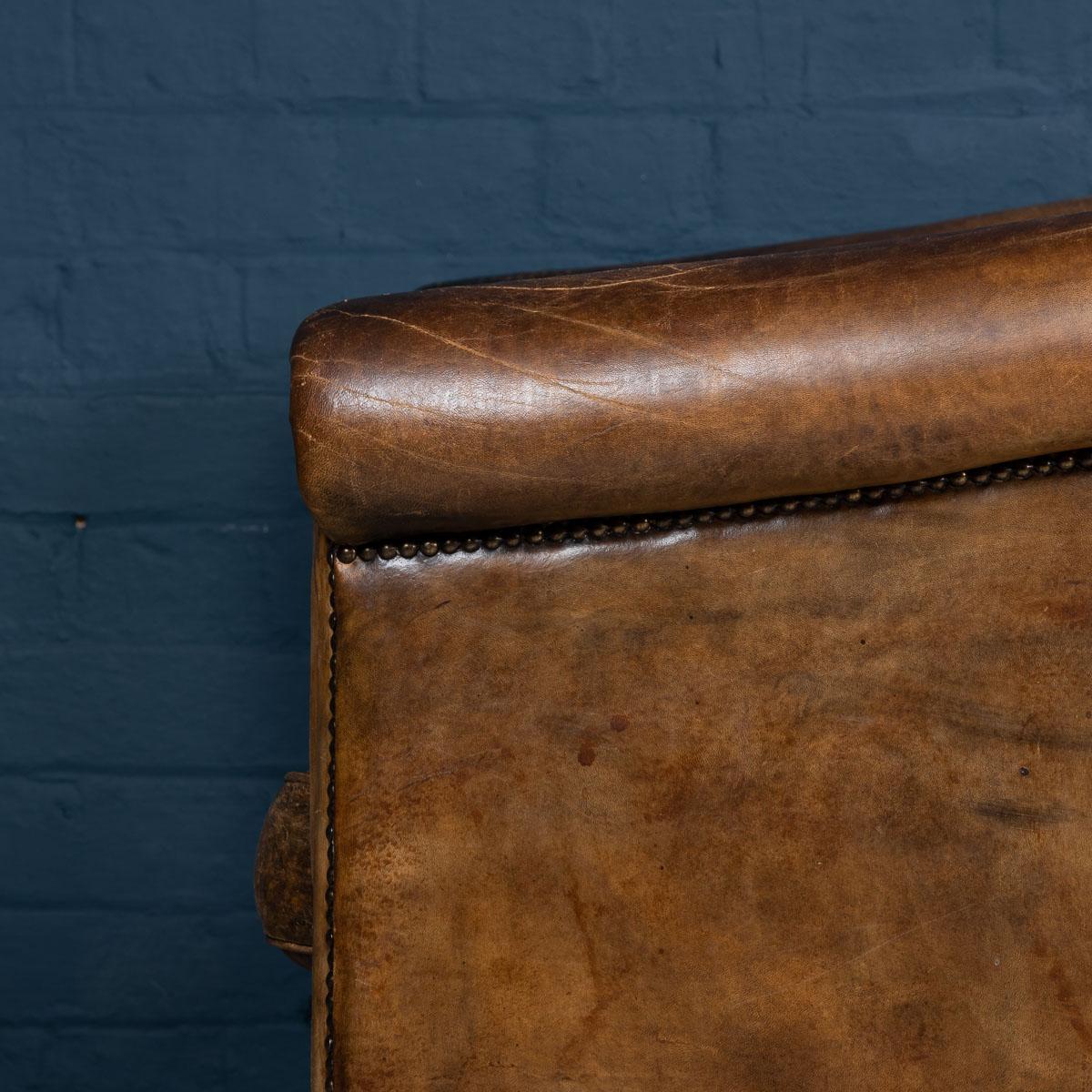 20th Century Pair of Dutch Sheepskin Brown Leather Tub Armchairs 11