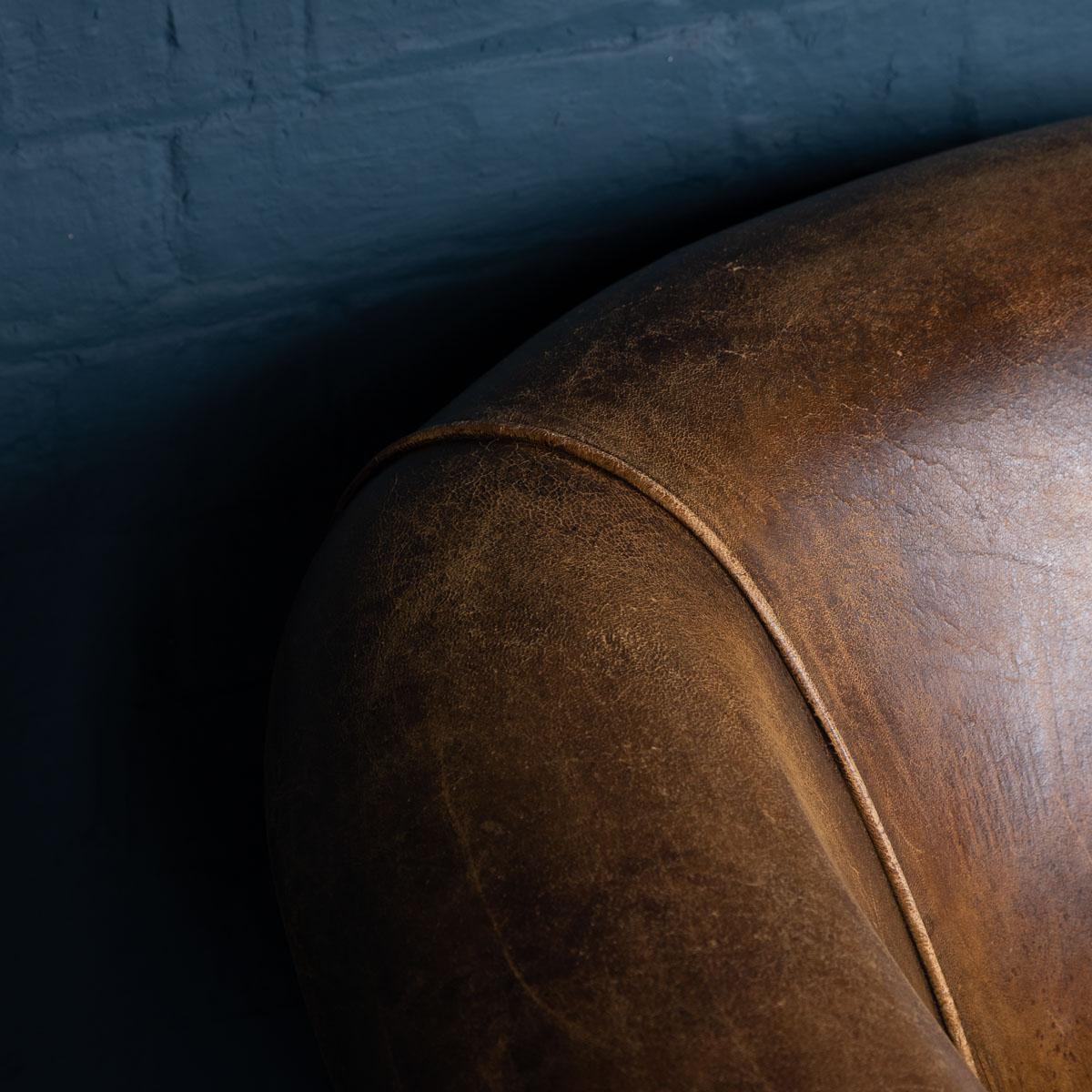 20th Century Pair of Dutch Sheepskin Brown Leather Tub Armchairs 2