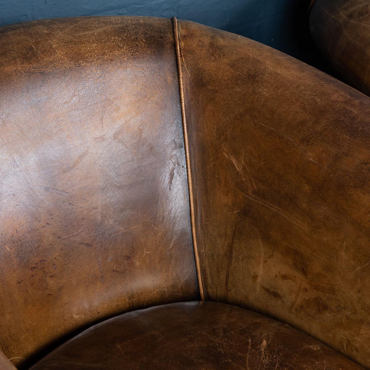 20th Century Pair of Dutch Sheepskin Brown Leather Tub Armchairs 3