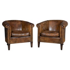20th Century Pair of Dutch Sheepskin Brown Leather Tub Armchairs