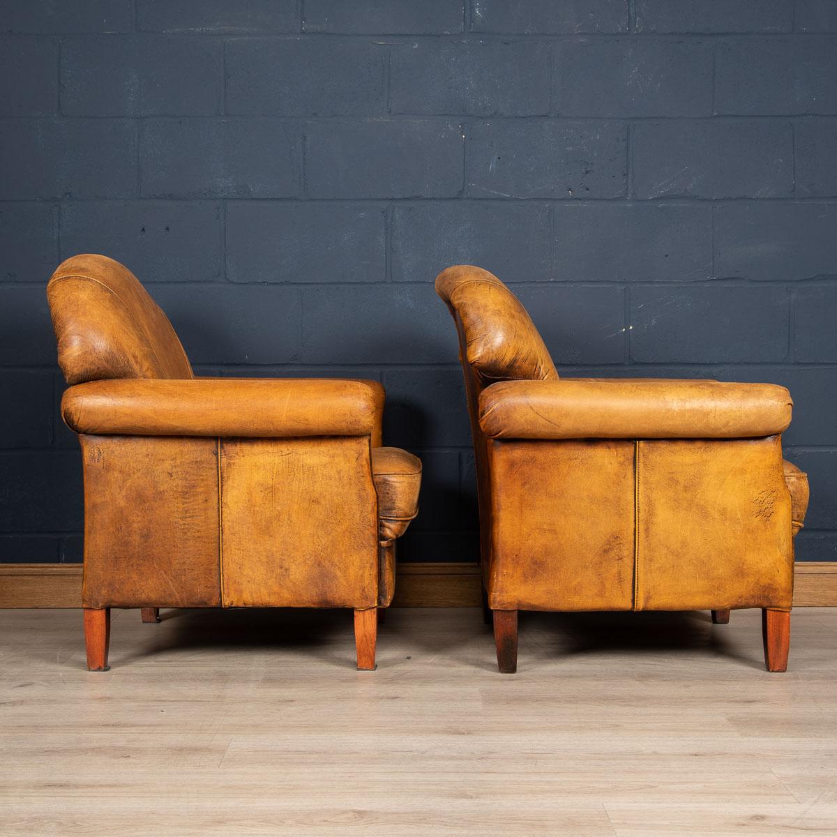20th Century Pair of Dutch Sheepskin Leather Club Chairs 2