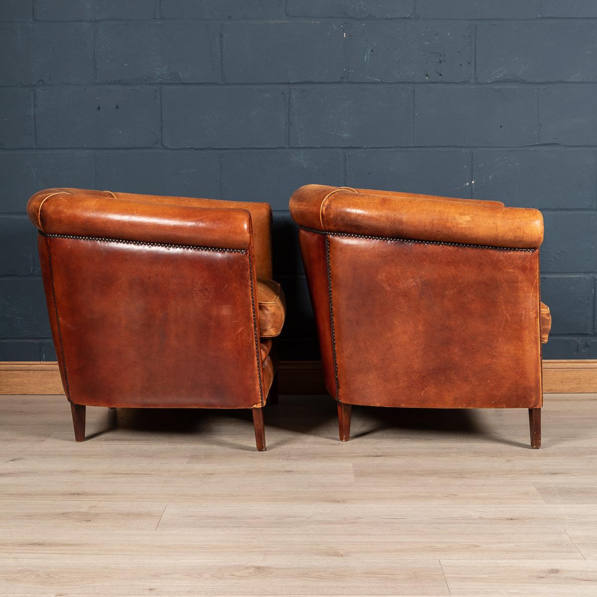 20th Century Pair of Dutch Sheepskin Leather Club Chairs 2