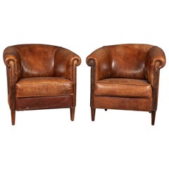 20th Century Pair of Dutch Sheepskin Leather Club Chairs