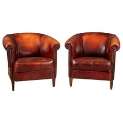 20th Century Pair of Dutch Sheepskin Leather Club Chairs