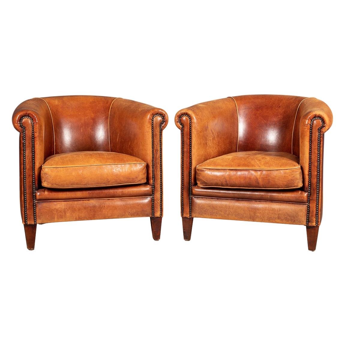 20th Century Pair of Dutch Sheepskin Leather Club Chairs