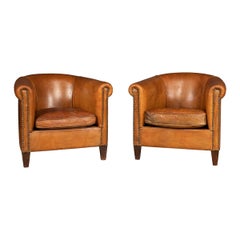 20th Century Pair of Dutch Sheepskin Leather Tub Armchairs