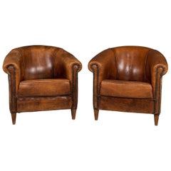 20th Century Pair of Dutch Sheepskin Leather Tub Armchairs