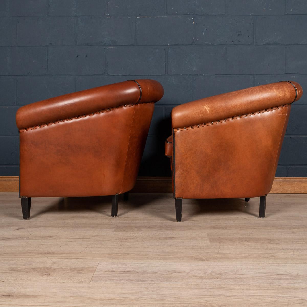 20th Century Pair of Dutch Sheepskin Leather Tub Chairs 1