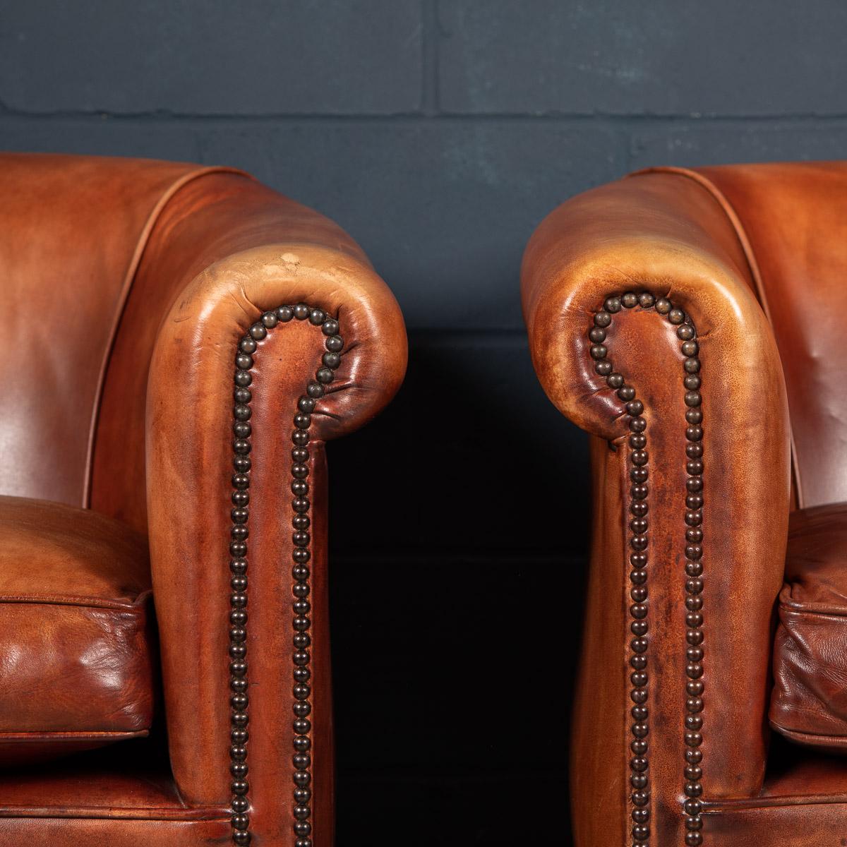 20th Century Pair of Dutch Sheepskin Leather Tub Chairs 2