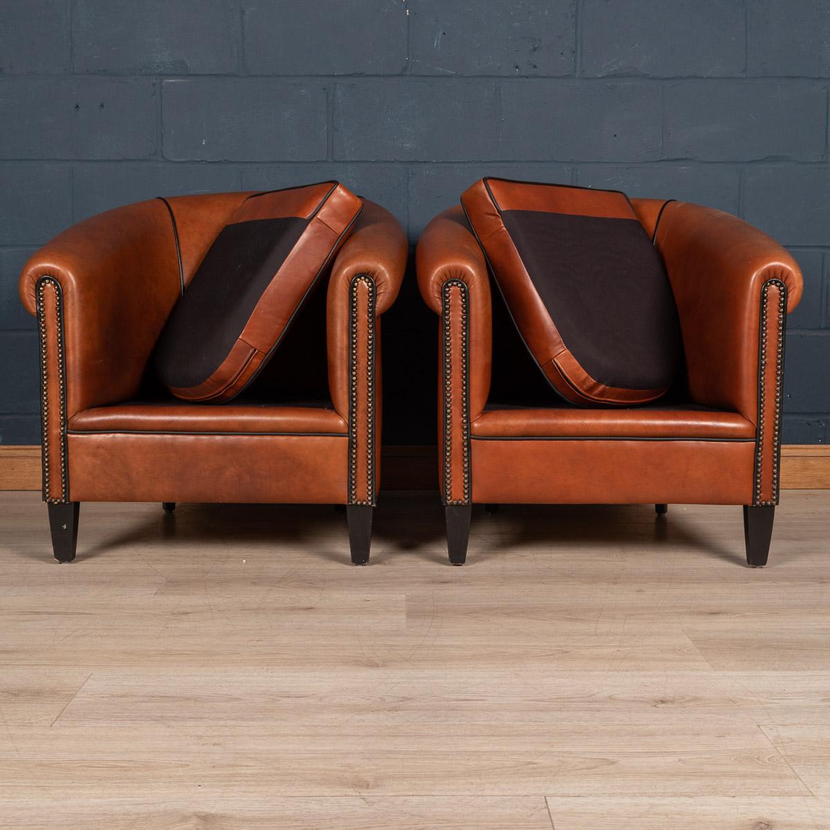 20th Century Pair of Dutch Sheepskin Leather Tub Chairs 5
