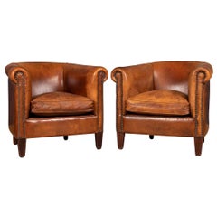 20th Century Pair of Dutch Sheepskin Leather Tub Chairs