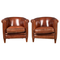 20th Century Pair of Dutch Sheepskin Leather Tub Chairs