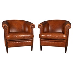 20th Century Pair of Dutch Sheepskin Leather Tub Chairs