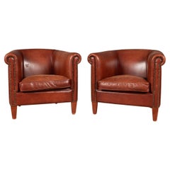 20th Century Pair Of Dutch Sheepskin Leather Tub Chairs