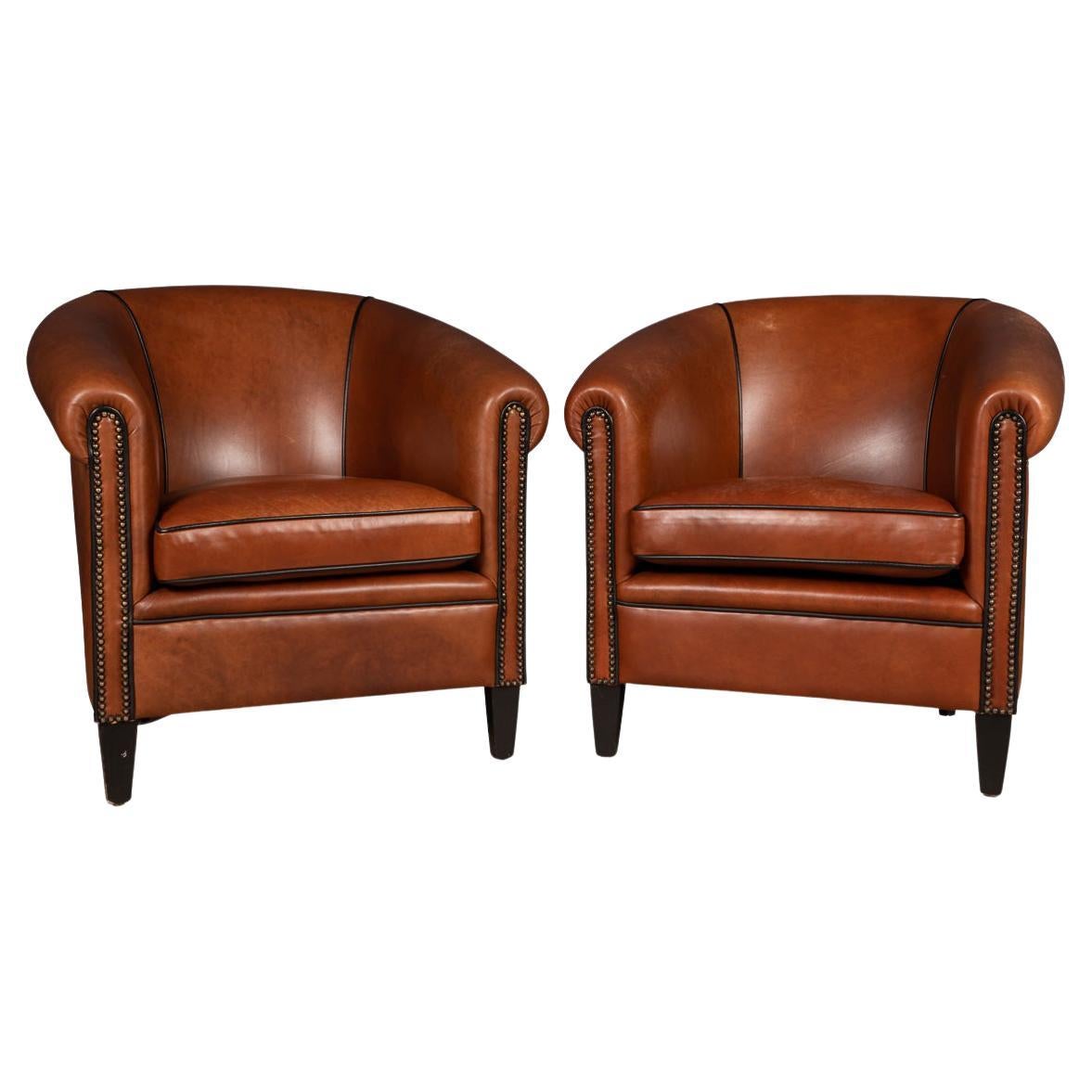 20th Century Pair of Dutch Sheepskin Leather Tub Chairs