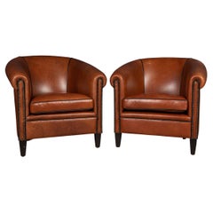 20th Century Pair of Dutch Sheepskin Leather Tub Chairs