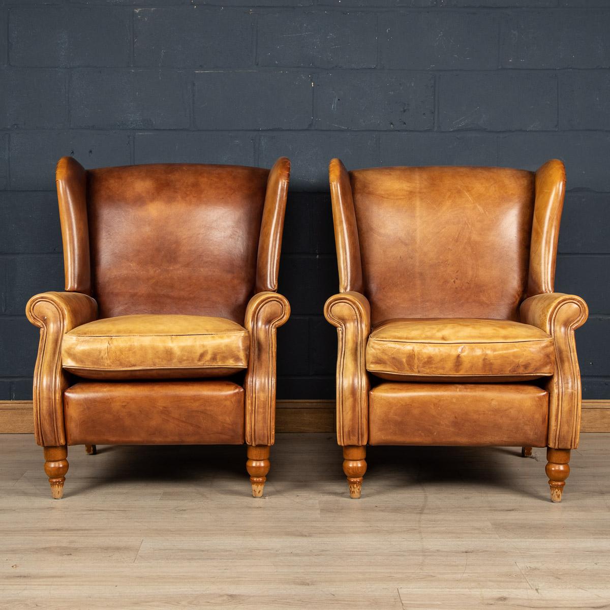 20th Century Pair of Dutch Sheepskin Leather Wingback Chairs In Good Condition In Royal Tunbridge Wells, Kent