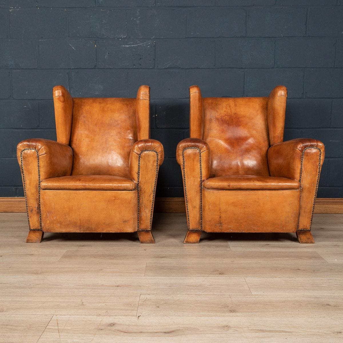French 20th Century Pair of Dutch Sheepskin Leather Wingback Chairs