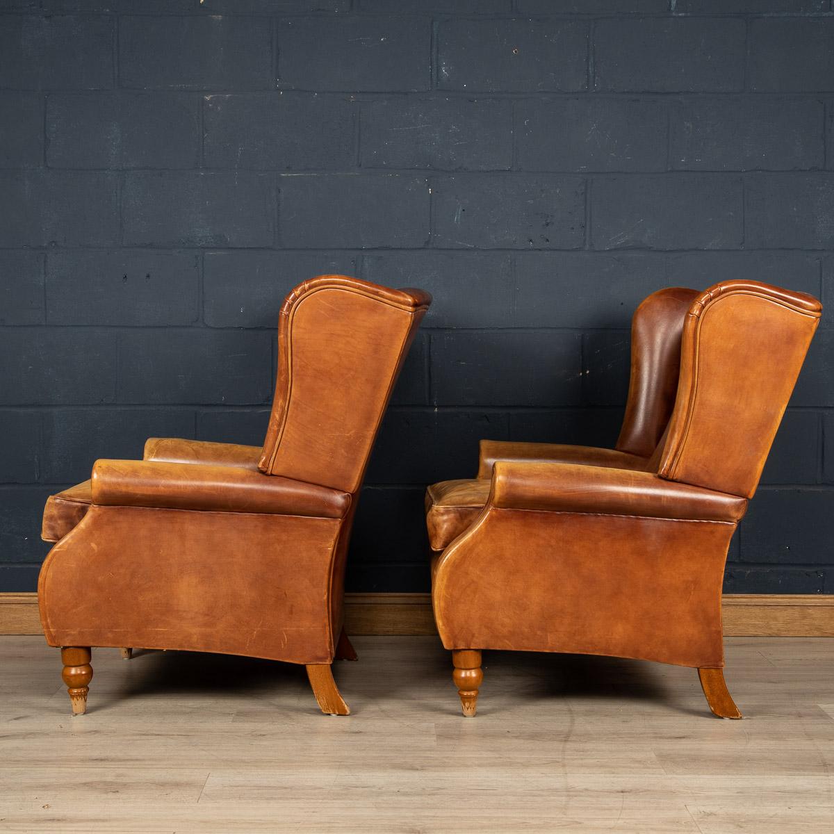 20th Century Pair of Dutch Sheepskin Leather Wingback Chairs 1