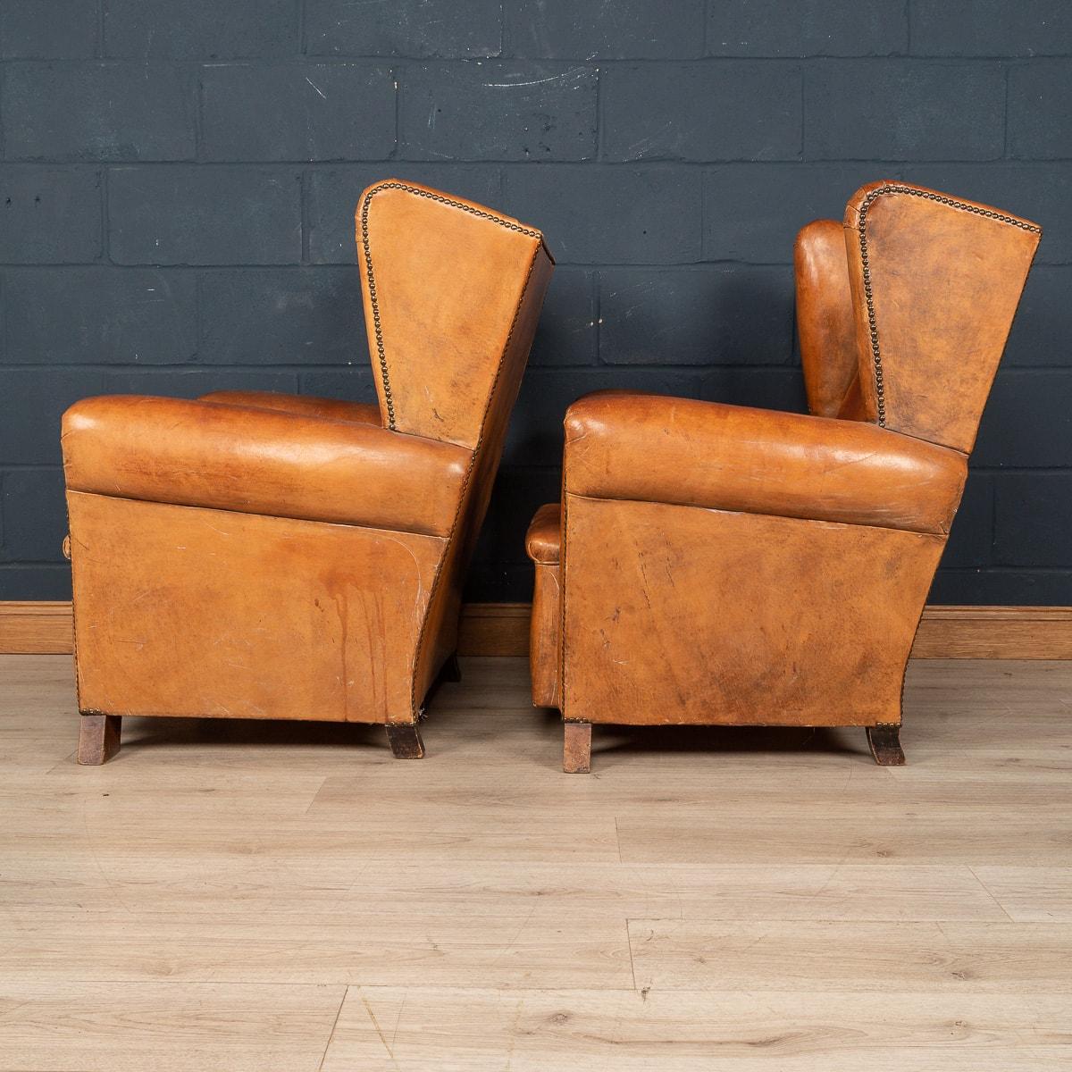 20th Century Pair of Dutch Sheepskin Leather Wingback Chairs In Good Condition In Royal Tunbridge Wells, Kent