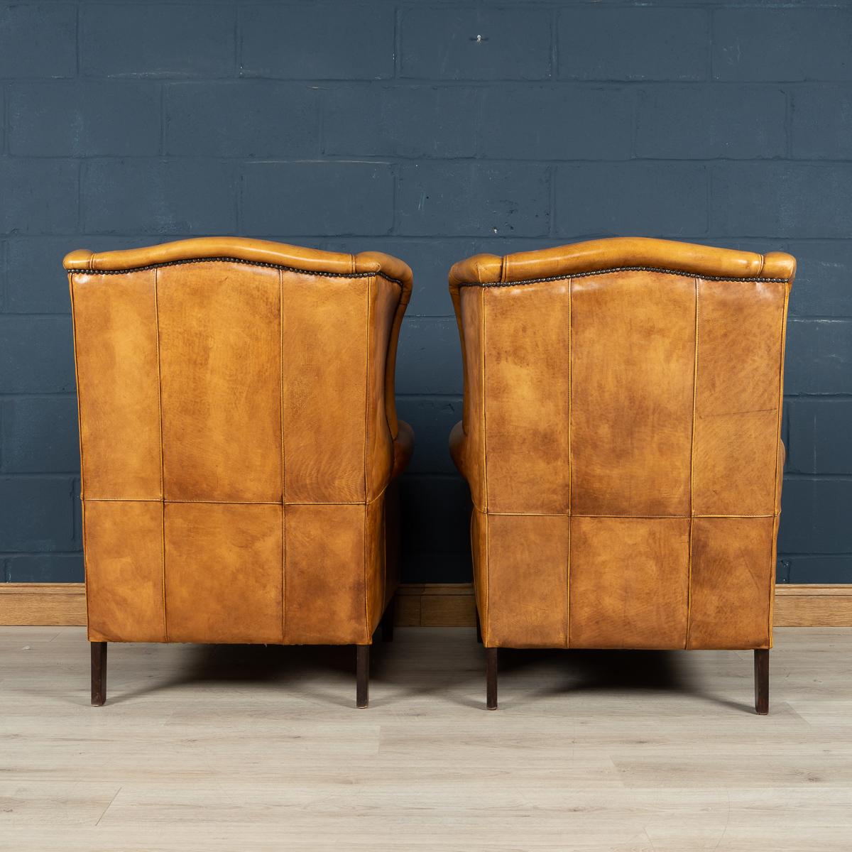 20th Century Pair of Dutch Sheepskin Leather Wingback Chairs 2