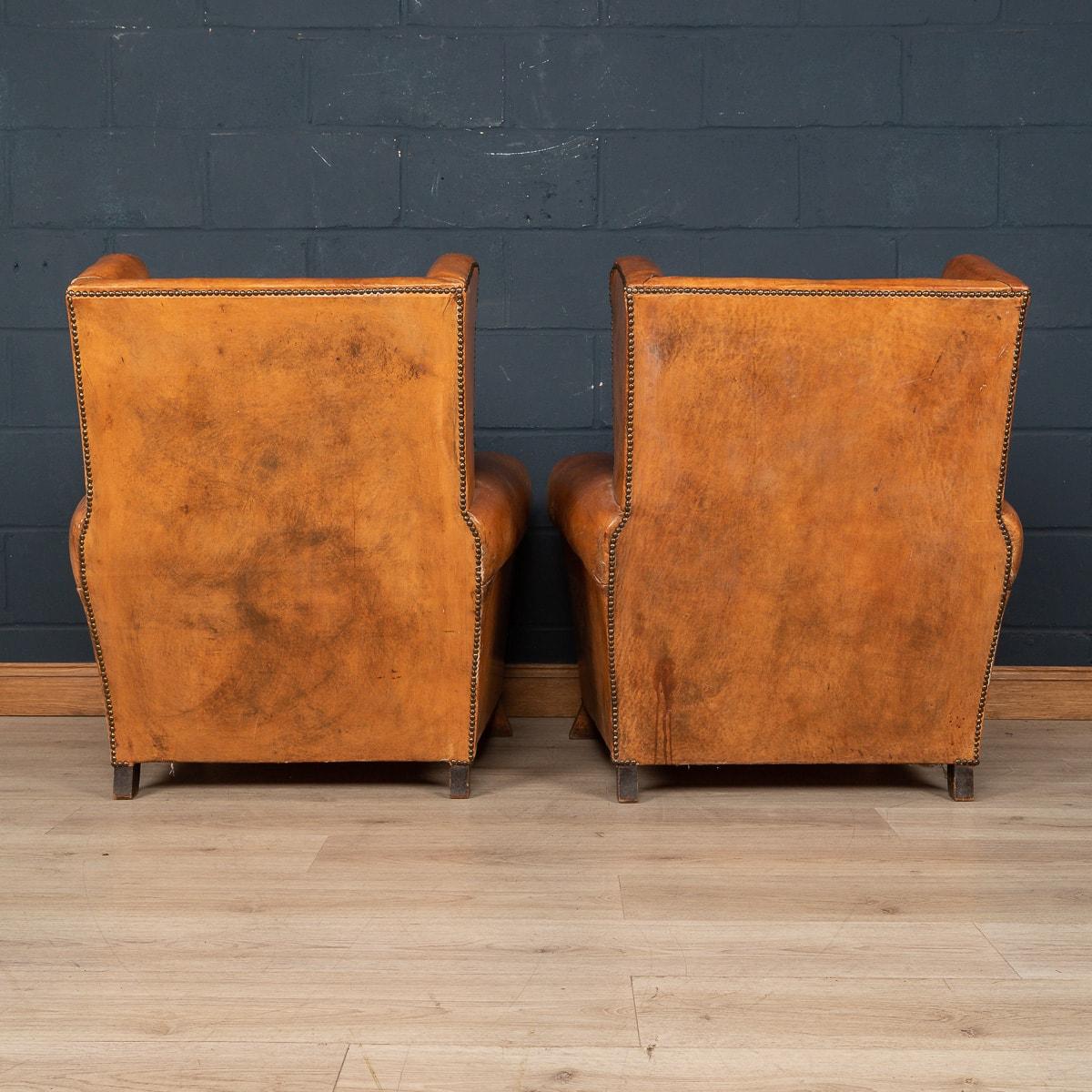 19th Century 20th Century Pair of Dutch Sheepskin Leather Wingback Chairs